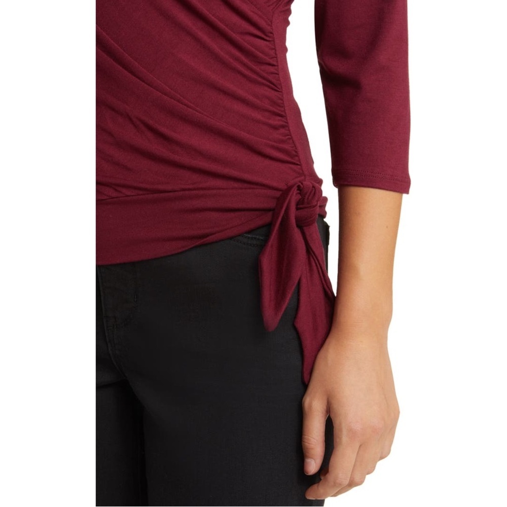 Loveappella Elegant Burgundy Faux Tie Wrap Top Size Small New WOT - Picture 4 of 9